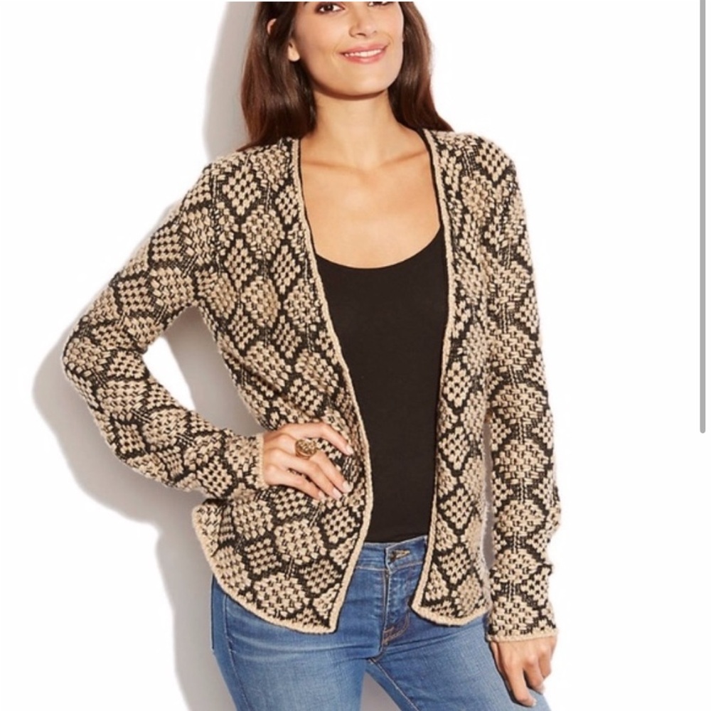 Lucky Brand Treviso Black and Cream Woven Patterned Cardigan Sweater Size Large